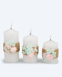 Clearance 3 LED-Stumpenkerzen mit Blumen-Deko Dekoration