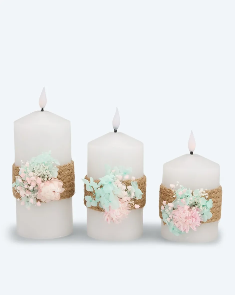 Clearance 3 LED-Stumpenkerzen mit Blumen-Deko Dekoration