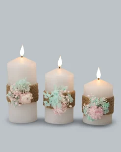 Clearance 3 LED-Stumpenkerzen mit Blumen-Deko Dekoration