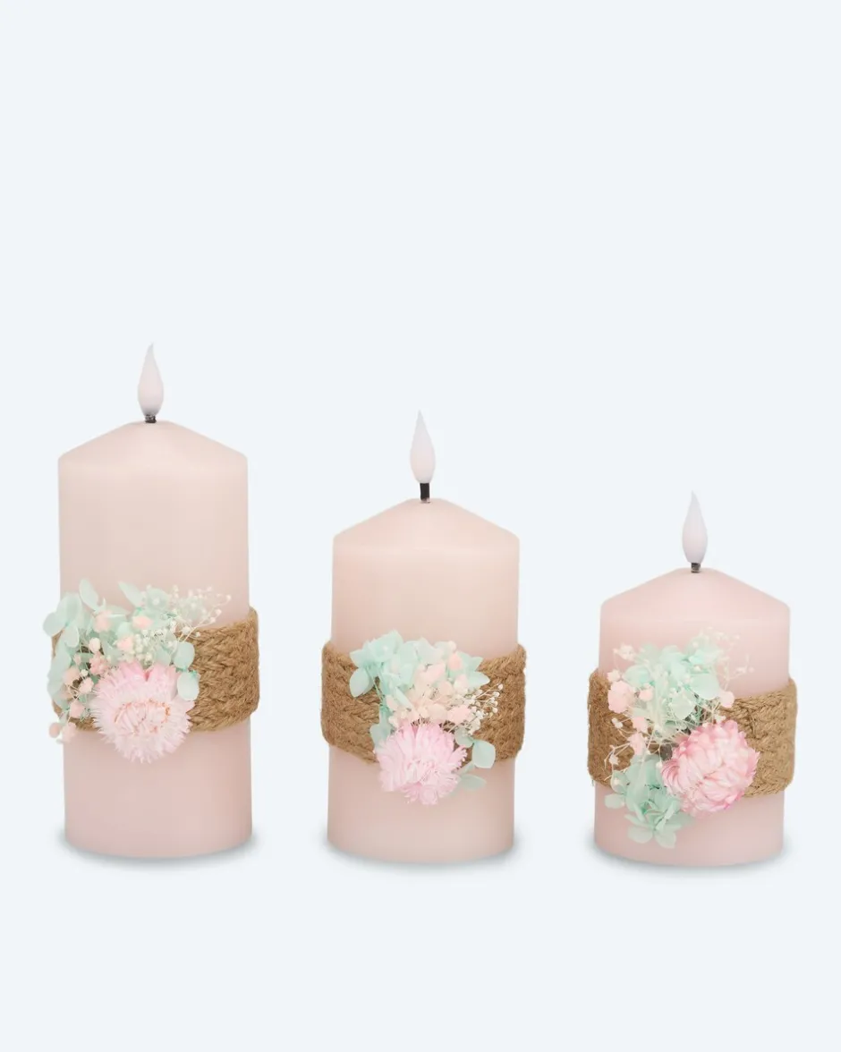 Clearance 3 LED-Stumpenkerzen mit Blumen-Deko Dekoration