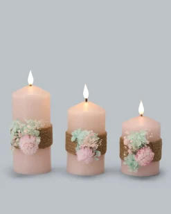 Clearance 3 LED-Stumpenkerzen mit Blumen-Deko Dekoration