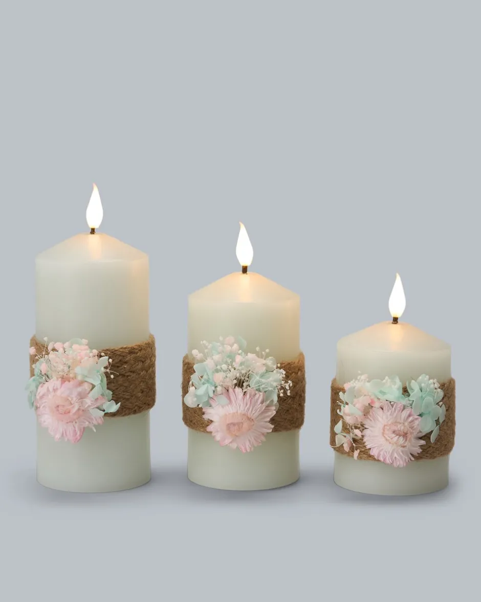 Clearance 3 LED-Stumpenkerzen mit Blumen-Deko Dekoration