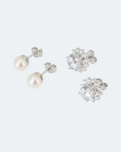 Outlet 2er Set Ohrstecker mit Zirkonia und SWZ-Perlen Ohrringe