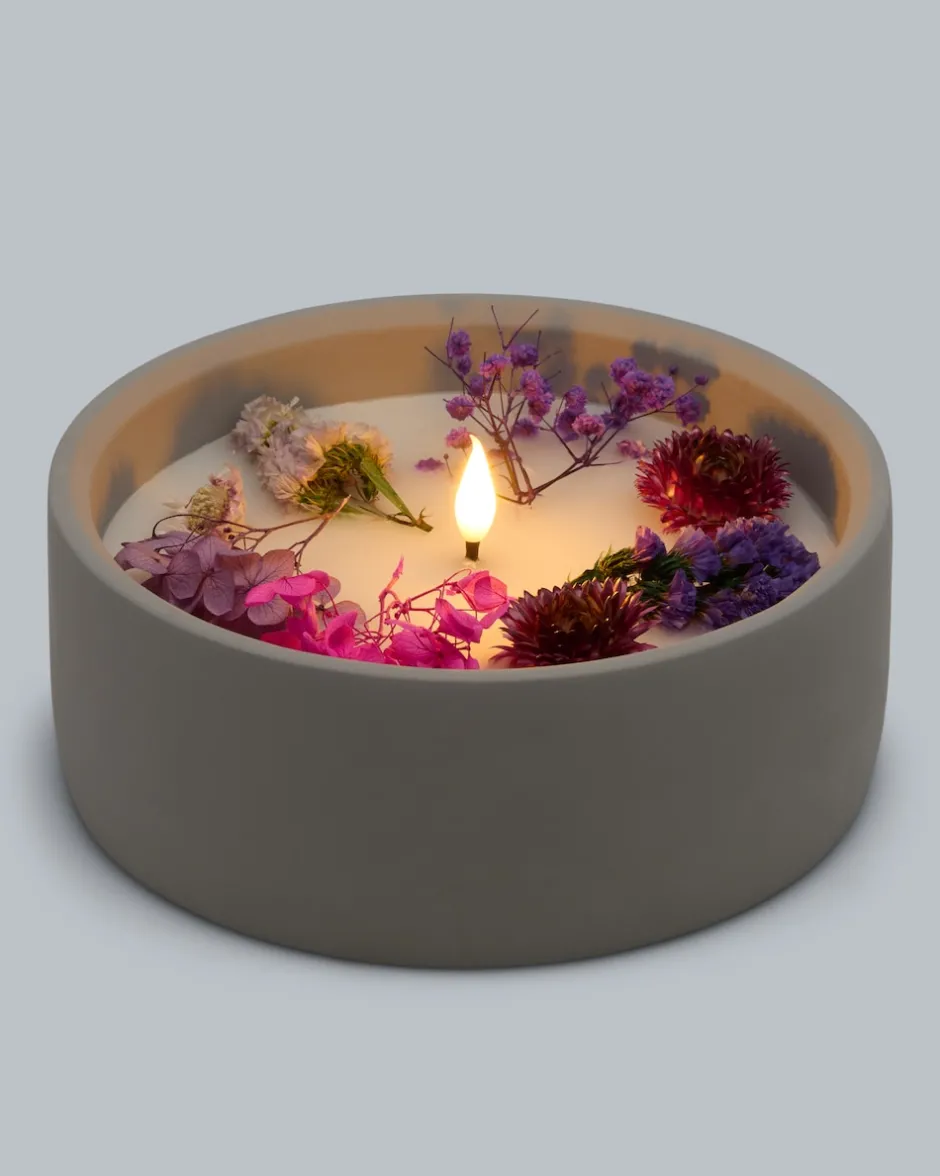 Discount LED-Kerze Zement mit Blumen, groß Dekoration