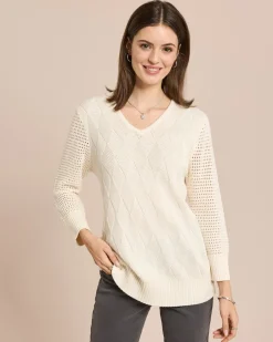 Discount Pullover mit Ajour-Ärmel und Karo-Struktur Strickware