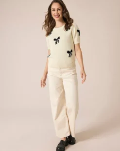 Outlet Pullover mit Schleifen und Steinchen Strickware